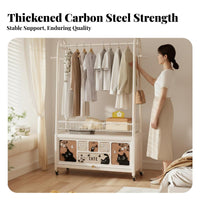 Movable on Wheels Rolling Clothes Hanger Dust-Proof Rolling Wardrobe with Cabinet Easy Assembly Garment Stand Heavy Duty for Renters, Students, Adults, Bedroom, Living Room, Entryway, Walk-in Closet