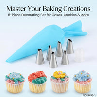 8 Piece Stainless Steel Icing Tips Set, Beginner Cake Decorating Kit for Bakery Supplies, Cream Piping Nozzles with Pastry Bags and Converter for