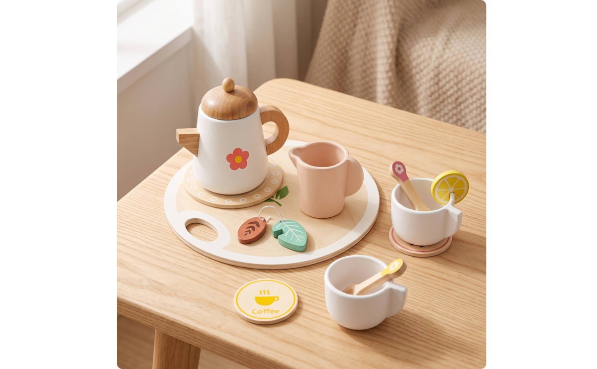 Wooden Tea Set Imaginative Wooden Tea Party No-Screen Playset for Preschoolers, Playroom