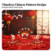 God of Wealth Hair Crown Dangling Coins Chinese New Year Hair Crown Set Red Tassel Decorative Puff Headdress for Event S