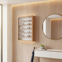 Sunglasses Cabinet with Glass Door Wooden Sunglasses Display Case Multi-Shelf Eyewear Display Cabinet for Collectors, Homeowners, Entryway, Boutique