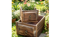 2 Pieces Wooden Planter Box Distressed Brownish Flower Container Paneled Front Home Decor for Tabletop Display