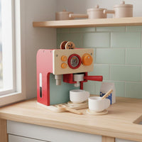 Red Toy Coffee Maker Retro Design Kids Pretend Coffee Maker Set Interactive Features for Playroom