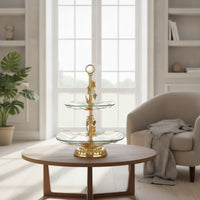 Double-Layer Fruit Stand with Glass Trays Gold-Tone 2-Tier Serving Stand European-Style Ornate for Hosts, Brides, Party, Wedding, Living Room