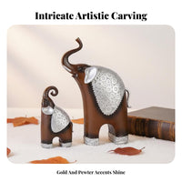 2 Pieces Ornate Design Resin Elephant Figures Artisanal Look European Design Elephant Ornament Good Luck Symbol for Study Room, Bookshelf