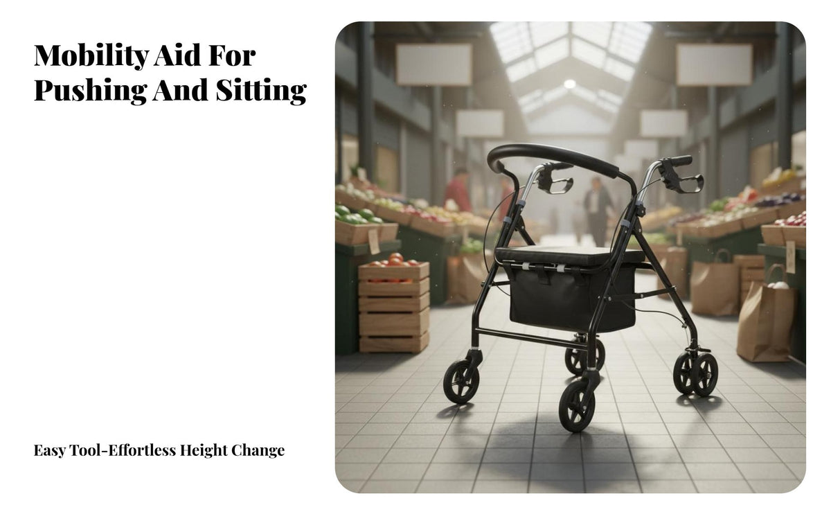 Long-Lasting Steel Frame Elderly Shopping Cart Mobility Aid Underseat Storage Walking Aid with Seat and Basket Adjustable Height 4-Wheel Mobility Aid with Seat Double Braking System for Seniors, Daily Errands, Outdoor, Outdoors, Indoors