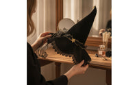 Wide Brim Velvet Witch Hat with Lace Gothic Halloween Witch Hat Floppy Soft for Women, Witches, Cosplayers, Costume Parties, Cosplay, Photo Shoots