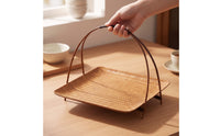Bamboo Tray with Stand Traditional Woven Snack Platter Handmade for Tea Time, Tabletop