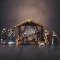 Christmas Nativity Scene Set Holiday Tabletop Nativity Hand-Painted Stable with Figurines Rustic for Collectors, Mantel, Bookshelf