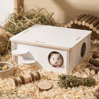 Wooden Small Animal House with Climbing Ladder, Multi-Level Habitat for Syrian Rodent Cage, Small Pet Accessory with Two Entrances and Ramp