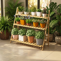 Plant Stand and Wooden Storage Rack for Living Room, Foldable Bamboo 3 Tiered Plant Stand with Hanging Rod, Tall Plant Stands Indoor, Pot Stand