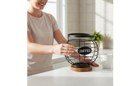 Rustic Wood Base Globe Coffee Pod Basket Countertop Display Coffee Pod Organizer Easy to Reach Round Capsule Stand Space-Saving for Breakfast Bar