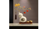 Gold-Tone Gourd Ornament with Wooden Base Traditional Ceramic Gourd Artisanal Statue Glossy for Homeowners, Living Room, Housewarming
