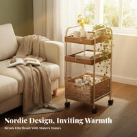 Rattan Weave Accent 2-Tier Rolling Table Vintage design 2-Tier Rolling Organizer Mobile Design Storage Trolley Wood Top for Apartment Dwellers, Homeowners, Office Workers, Living Room, Bedroom, Kitchen, Bathroom