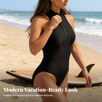 Fastener Front Single-Piece Swimsuit Quick-Dry Material Uniform Color Wave Suit Zip Front Bathing Suit Breathable