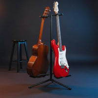 Stable Tripod Base Double Guitar Floor Stand Foldable Design Double Guitar Stand Adjustable Height Musical Instrument Accessory Padded Yokes for Guitarists, Musicians, Home Studio, Practice Room, Stage