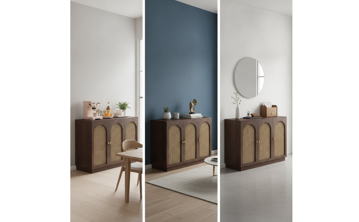 Storage Cabinet with Rattan Doors Modern-Farmhouse Buffet Cabinet Elegant Credenza for Dining Room, Hallway