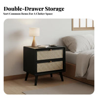 Japanese aesthetic Bedside Cabinet with Rattan Drawer Woven Front Rattan Drawer Nightstand durable Wood Legs End Table Vintage Inspired for Apartment Dwellers, Homeowners, Young Adults, Bedroom, Small Spaces, Guest Room, Home Office