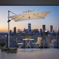 Protection Cantilever Umbrella with Lights Adjustable Tilt Solar Lighted Outdoor Umbrella Waterproof Heavy Duty Garden Sunshade 360° Rotation for Restaurant Owners, Market Stall, Backyard, Poolside, Deck