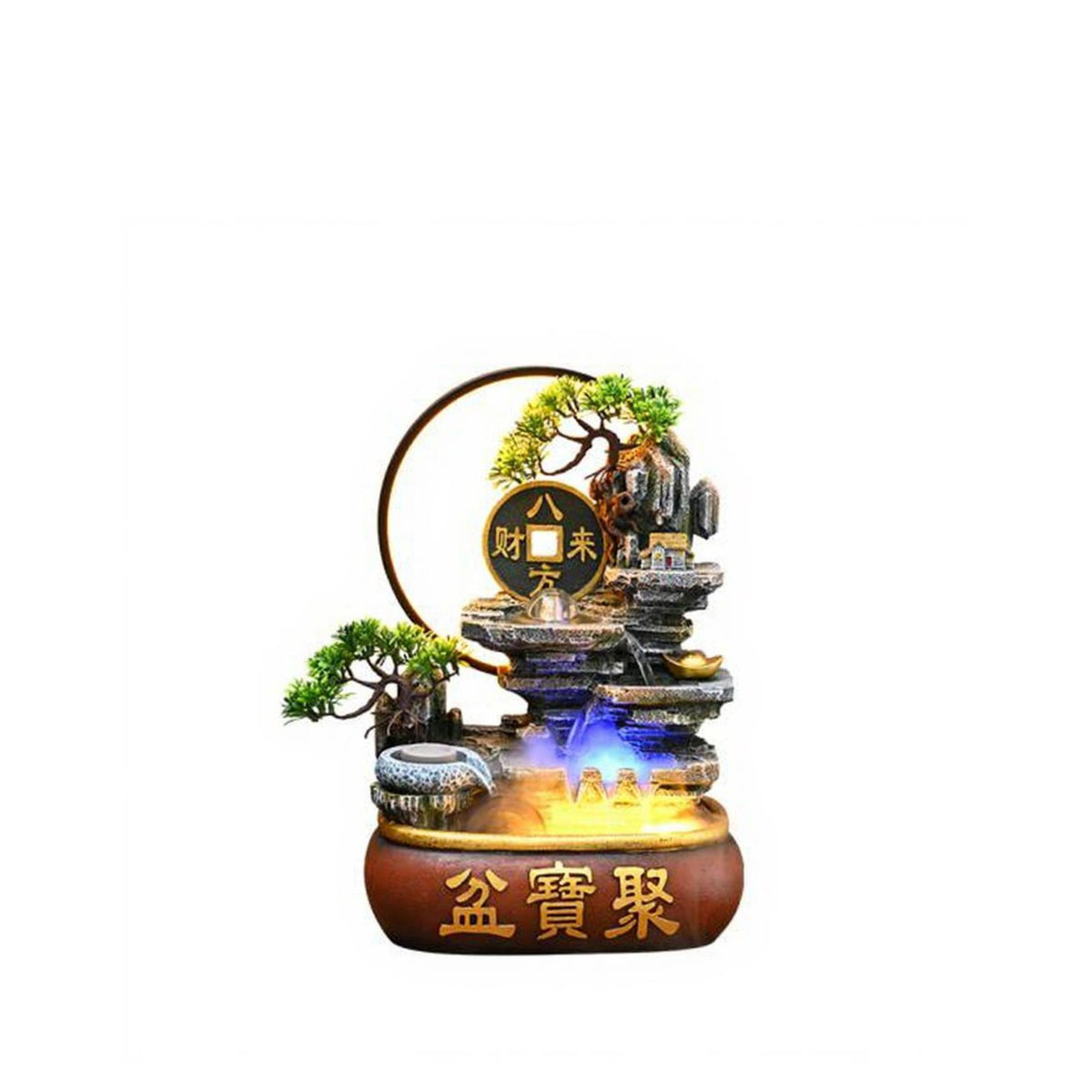 Feng Shui Desktop Waterfall with LED Mist and Resin Design