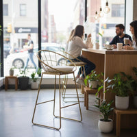 Nordic High Bar Chair, Linen Fabric, Metal Frame, Soft Padding, Modern Minimalist, Commercial & Home Balcony Seating