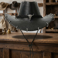 Cowboy Hat with Skull Ornament Western Cowboy Hat with Chin Cord Textured Adjustable for Men, Festivals, Costume Parties