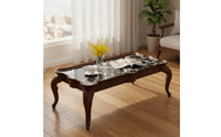 Coffee Table with Marble-Look Traditional-Aesthetic Top-Style Low Coffee Table Curved-Leg Furniture for Living Room, Sitting Area, Reading Corner