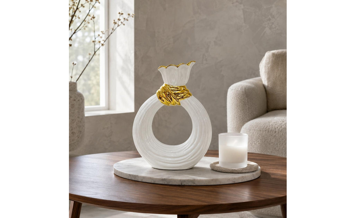 Circular Shaped Ceramic Vase White Glazed Ribbed Ceramic Vase Table Decoration for Tabletop, Floral Display