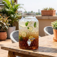 Water Dispenser Glass Water Jug with Fruit Infuser, Drink Dispenser with Wooden Base and Screw Lid