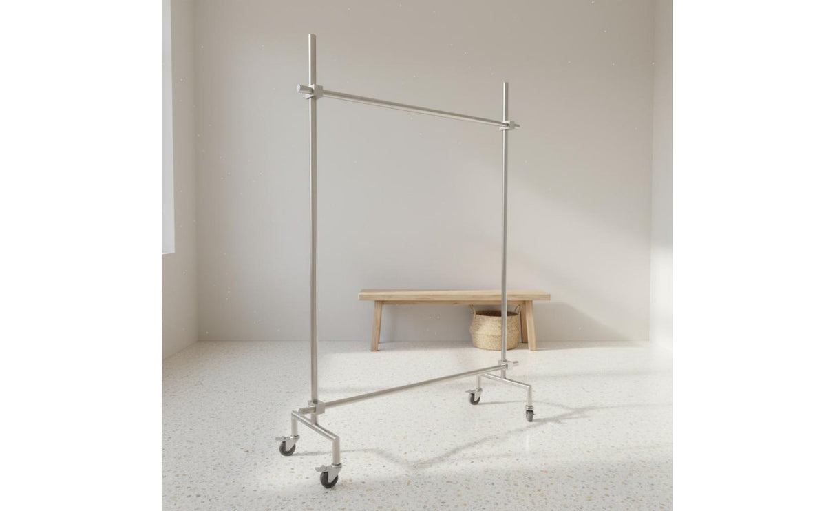 On Wheels Mobile Garment Rack Adjustable Height Rolling Clothes Rack Stainless Steel Single Clothing Stand Heavy Duty for Retail Shop, Boutique, Bedroom, Laundry Room