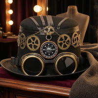Brass-Tone Gears Steampunk Top Hat Wide Brim Victorian Steampunk Hat Decorative Band Costume Accessory Structured Crown for Stage Performance, Theater