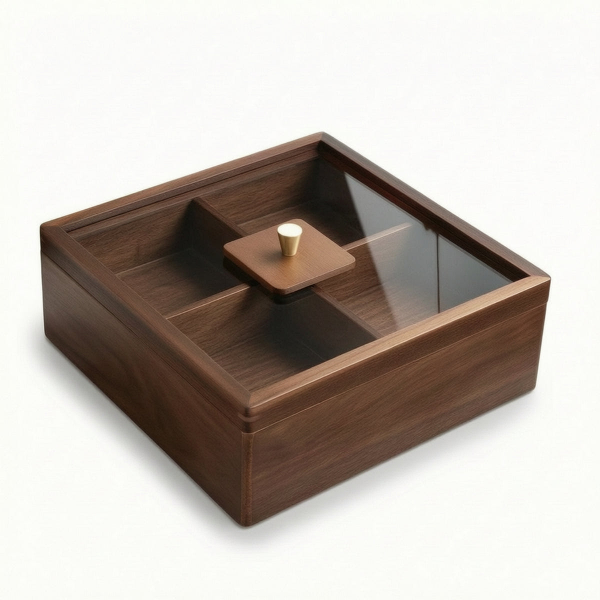 Wooden Dry Fruit Box with Compartments 4-Compartment Divided Serving Tray with Lid Multi-Purpose Snack Organizer with Clear Lid Space-Saving for Hosts, Holiday Gatherings, Tabletop, Countertop, Tea Table