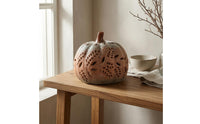 Reactive Glaze Hollow Ceramic Pumpkin Hand-Carved Lighted Pumpkin Ornament Openwork Cutouts Fall Decoration Battery-Powered