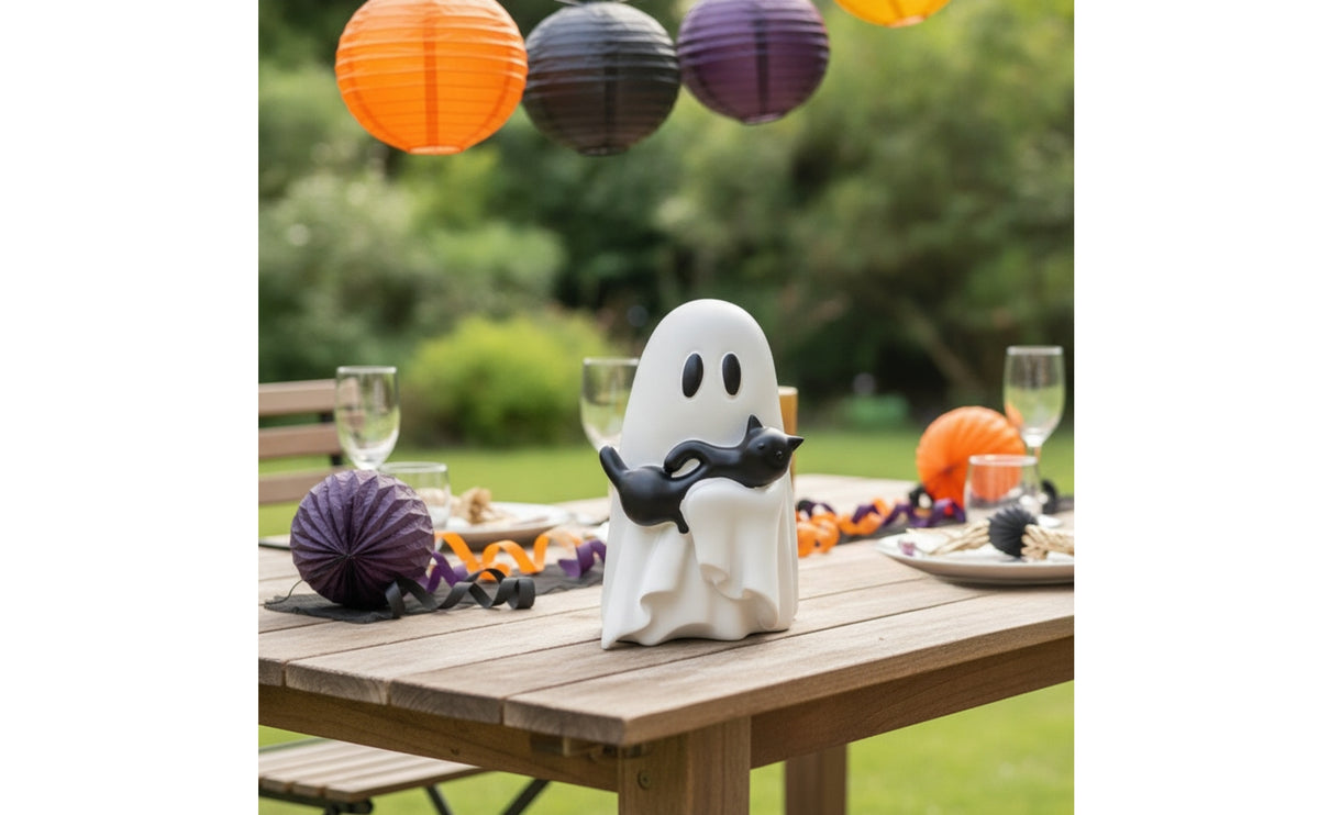 Halloween Ghost with Black Cat Cute Ghost Cat Figurine Tabletop Decoration Festive for Shelf, Desk, Party