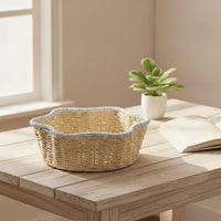 Woven Basket with Scalloped Rim Natural Desktop Organizer Basket Shallow Storage Tray Low-Profile Neutral for Entryway, Shelves