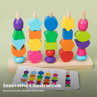 Educational 5-Post Stacking Game Develops Hand-Eye Coordination Wooden Geometric Stacker Promotes Logical Thinking for Classroom, Playroom