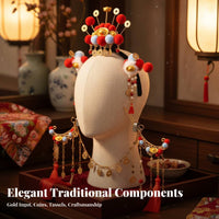 God of Wealth Hair Crown Dangling Coins Chinese New Year Hair Crown Set Red Tassel Decorative Puff Headdress for Event S