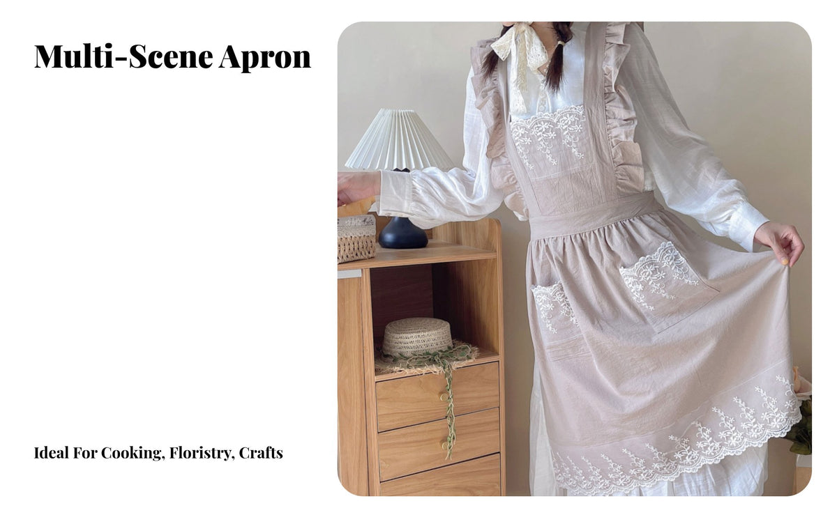 Korean Design Princess Apron Tie-Less Design Lace Trim Pinafore Apron Lightweight Work Smock for Florists, Artists, Flower Shop, Cooking, Art Studio