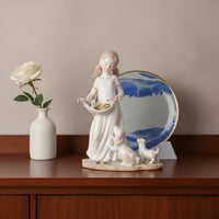 Ceramic Girl Figurine with Dogs Glazed Tabletop Ornament Decorative for Entryway