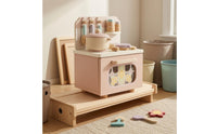 Wooden Play Kitchen with Hooks Toy Kitchen Set Interactive Knobs Children's Plaything for Playroom
