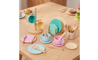 Wooden Play Dishes Set Pastel Pretend Play Tableware Toy Dishes with Stand, for Kids