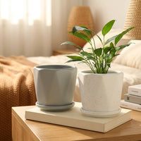 Plant Pots for House Plants and Indoor Plants, Pack of 2 White Wavy Ceramic Pots, Floor Standing Flower Pots for Snake Plant, Drainage Hole