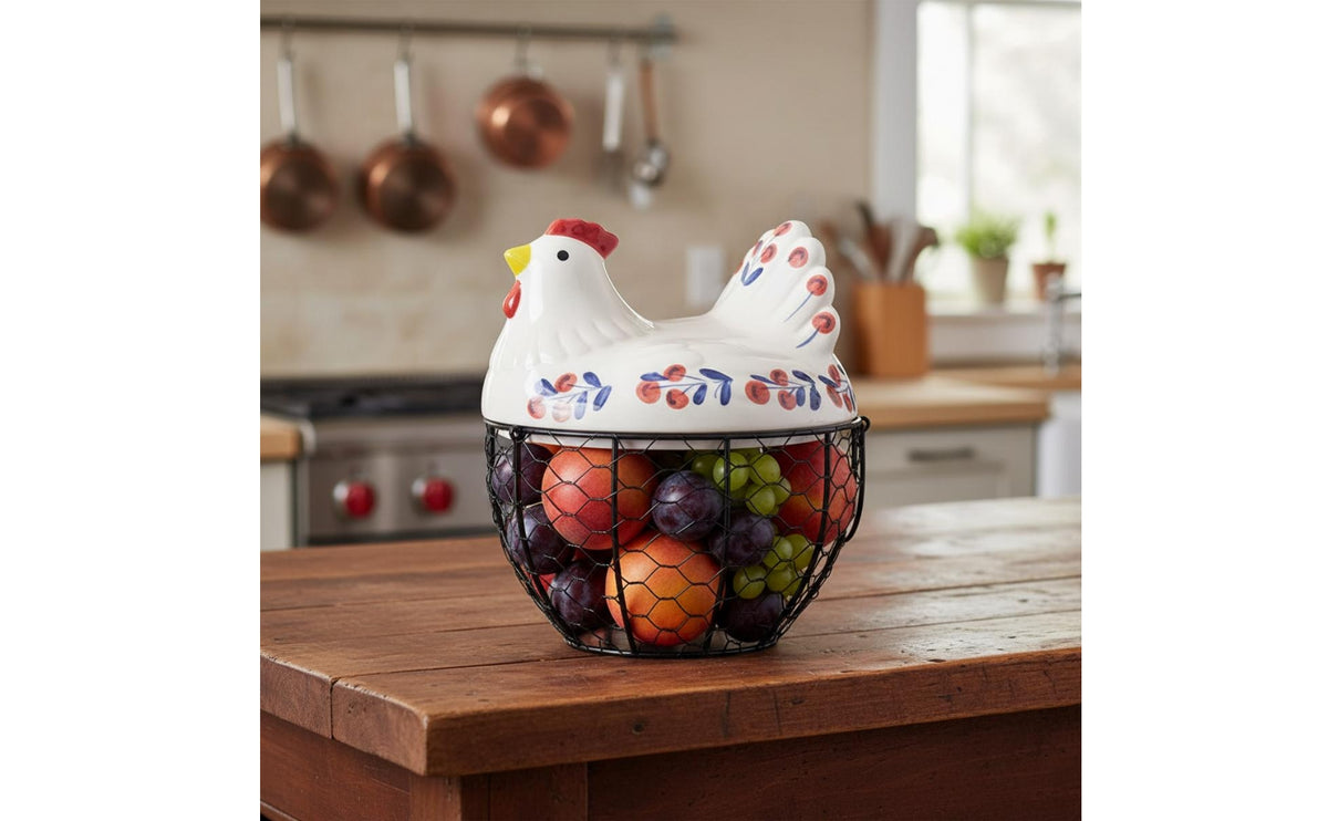 Decorative Ceramic Chicken Basket Long-Lasting Hen Wire Basket Ventilated for Kitchen, Countertop