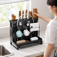 Stainless Steel Utensil Holder, Modern Countertop Cutlery Drainer with Double Chopstick & Rag Rack, Drip Tray for Small Kitchens