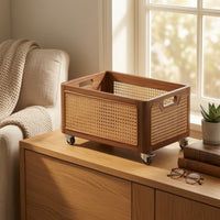 Storage Basket with Wheels Walnut-Finish Rolling Basket Woven for Under Console