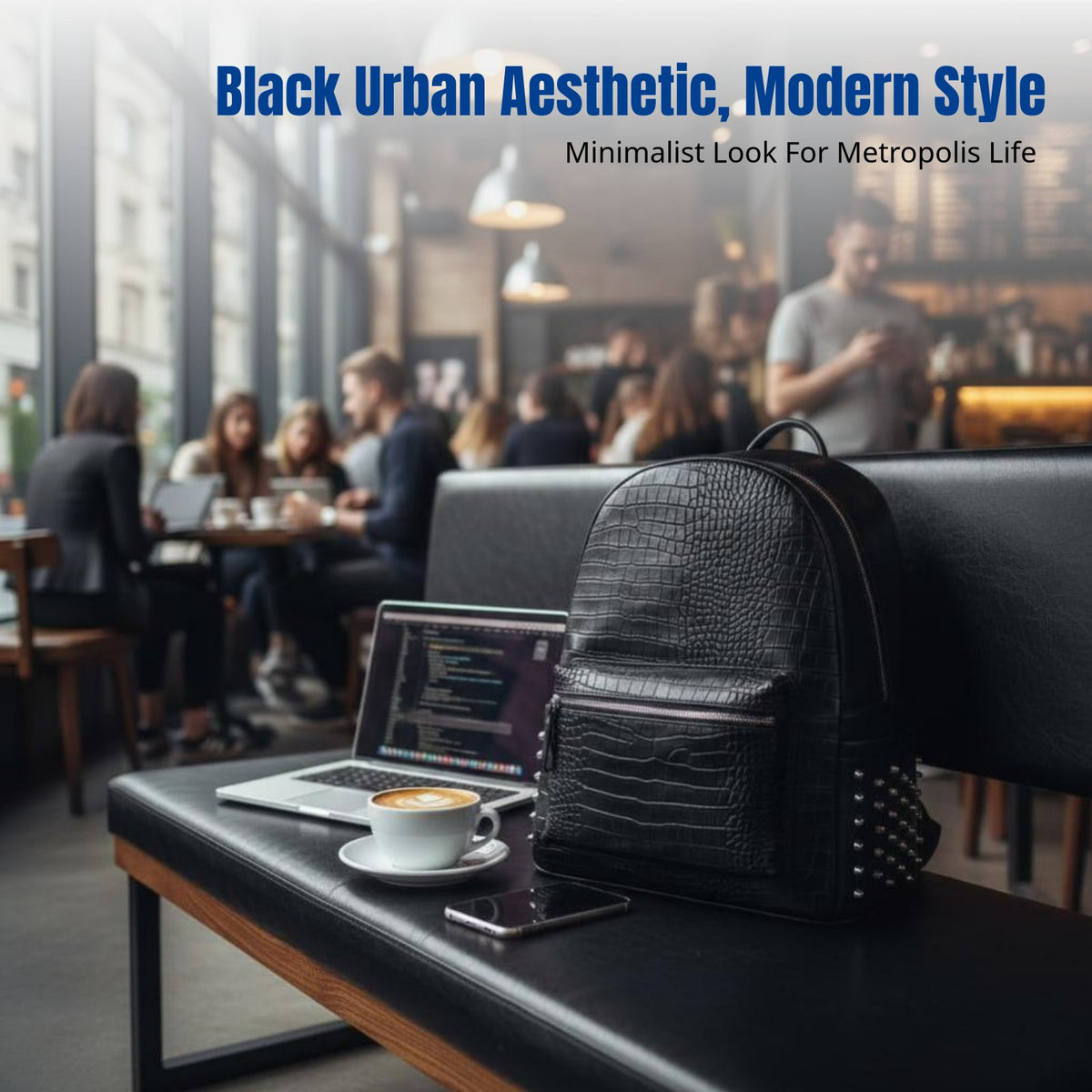 Korean Studded Pattern Backpack, PU Leather, Laptop Bag, Black, Waterproof, For Men, School