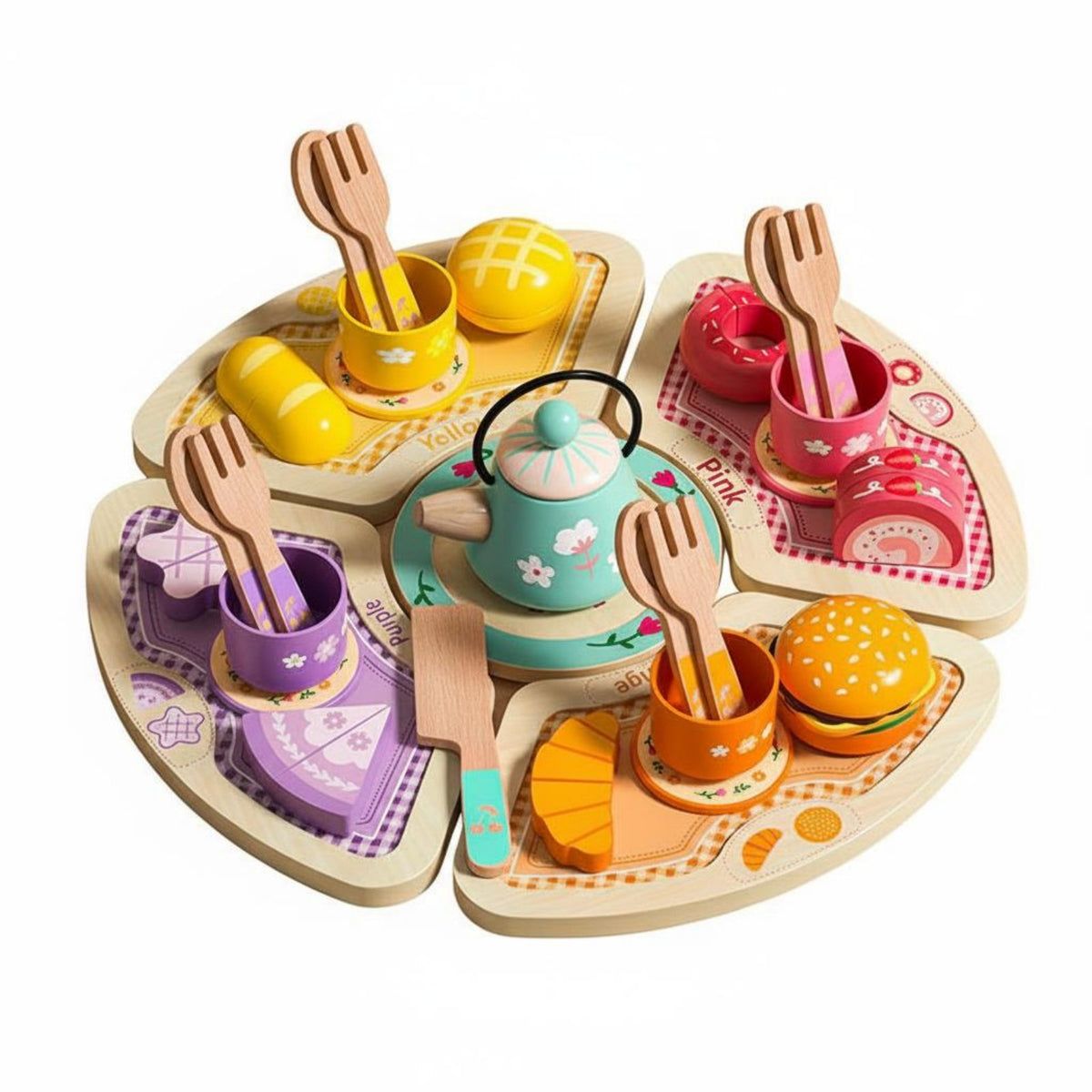 Role Playing Wooden Tea Party Set Educational Wooden Afternoon Tea Set Eco-Friendly Wood for Preschoolers, Toddlers, Kindergarten, Playroom