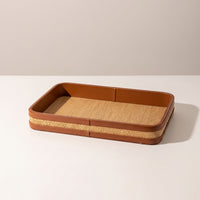 Woven Tray with Leather edge Structured Woven Grass Tray for Entryway