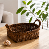 Oval storage basket, rattan look plastic basket with handles, medium fruit basket for kitchen & office, snack basket