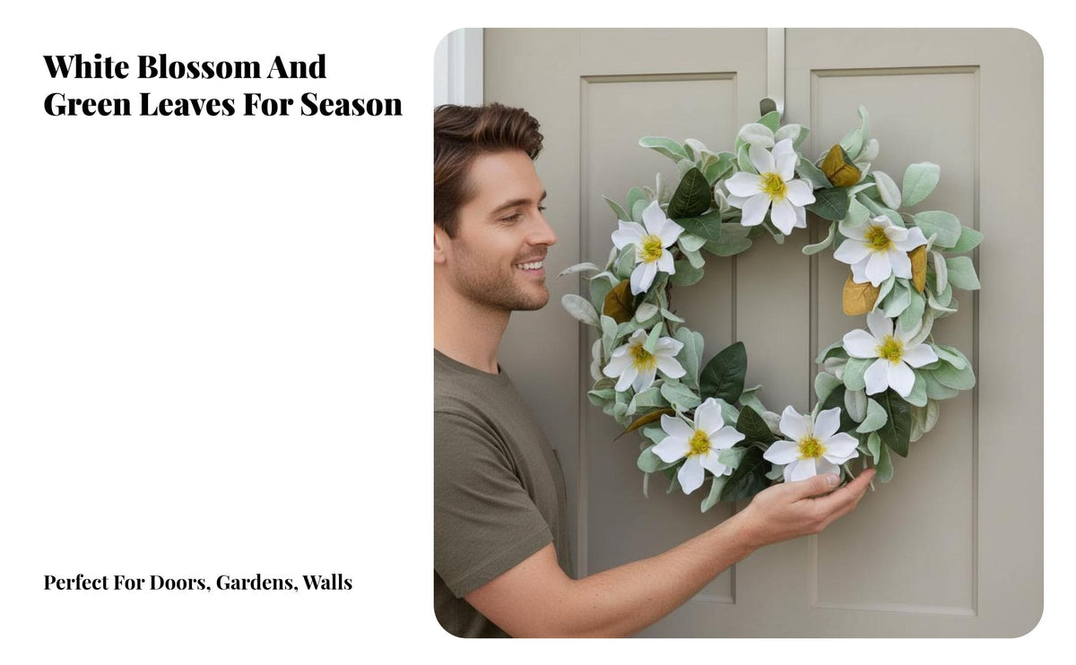 Artificial Magnolia Wreath Sturdy & Reusable Door Wreath Easy Care Farmhouse Wall Decor for Event Planners, Gift Donors, Entryway, Living Room
